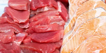 Bunch of fresh tuna steaks and salmon cutlets