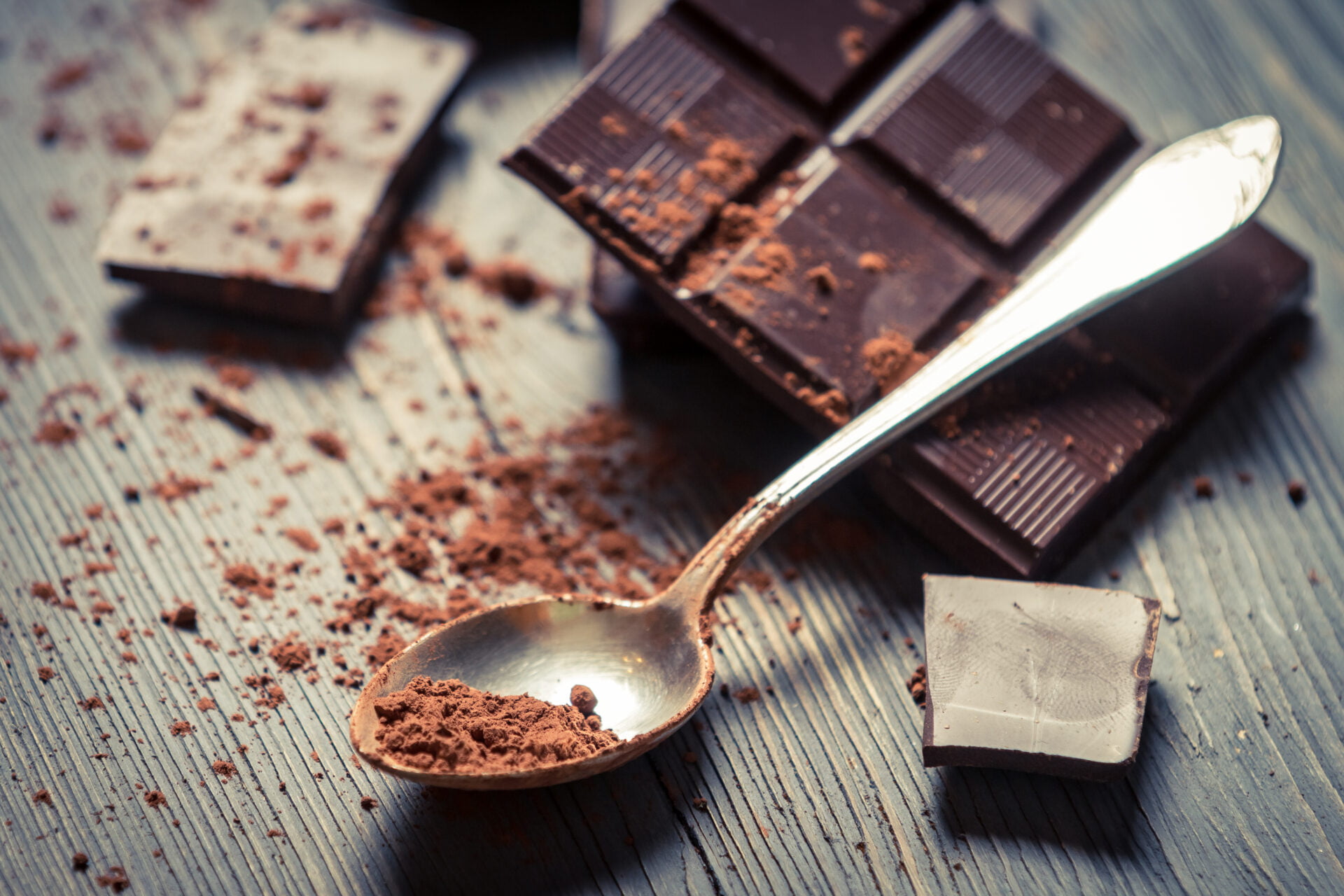Cocoa Powder on spoon and Dark Chocolate without lead or cadmium