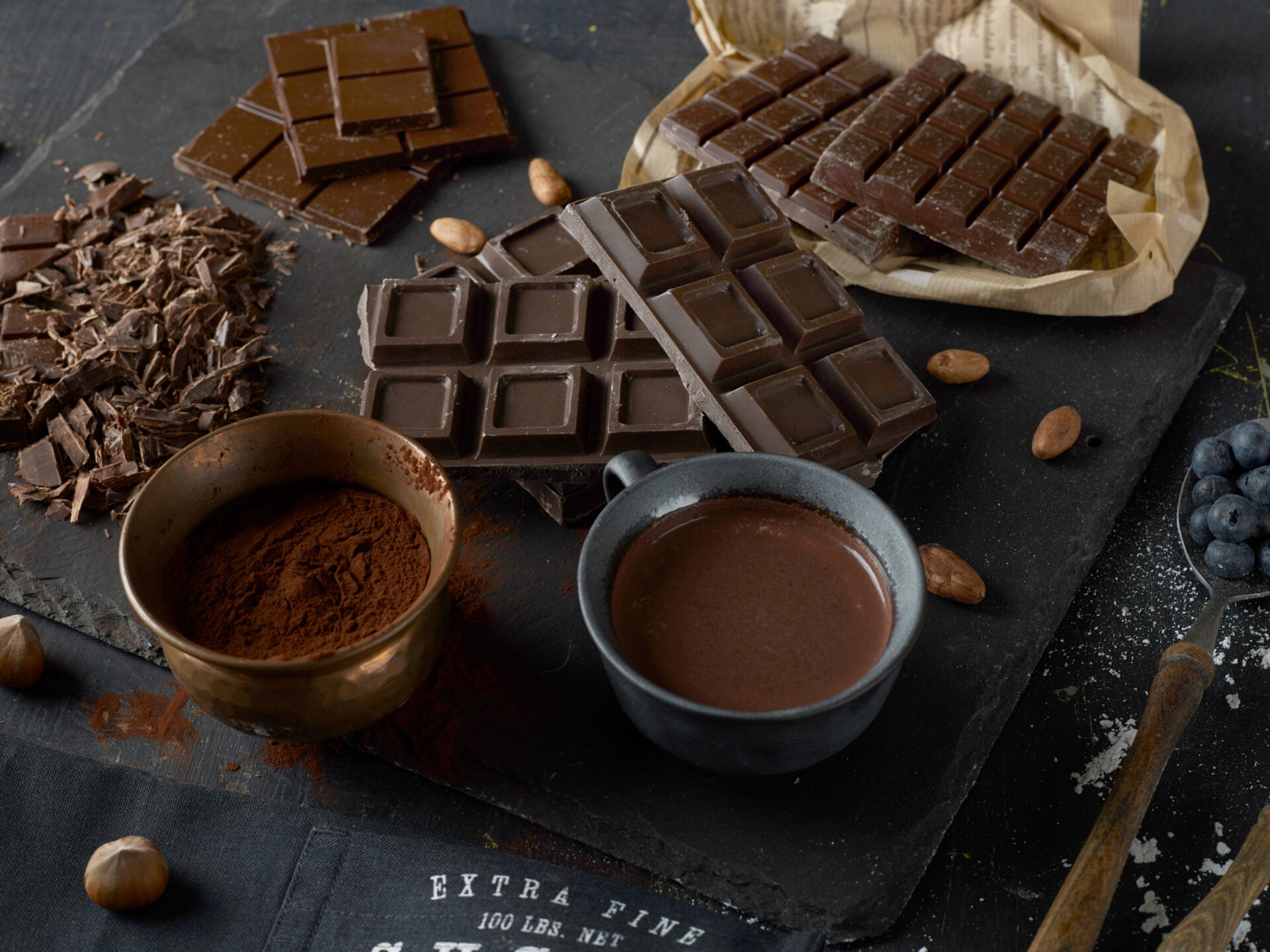 Rustic dark chocolate and cacao beans