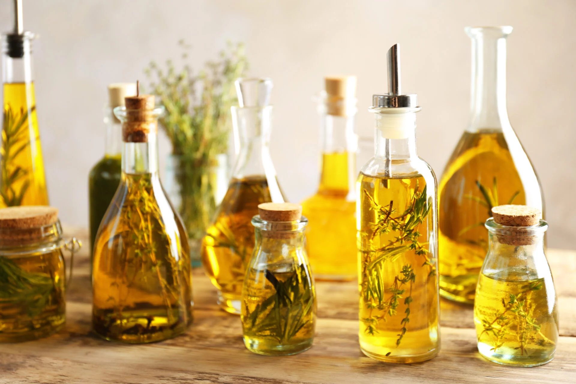 Composition of bottles with olive oil on wooden table with trace amounts of phthalates