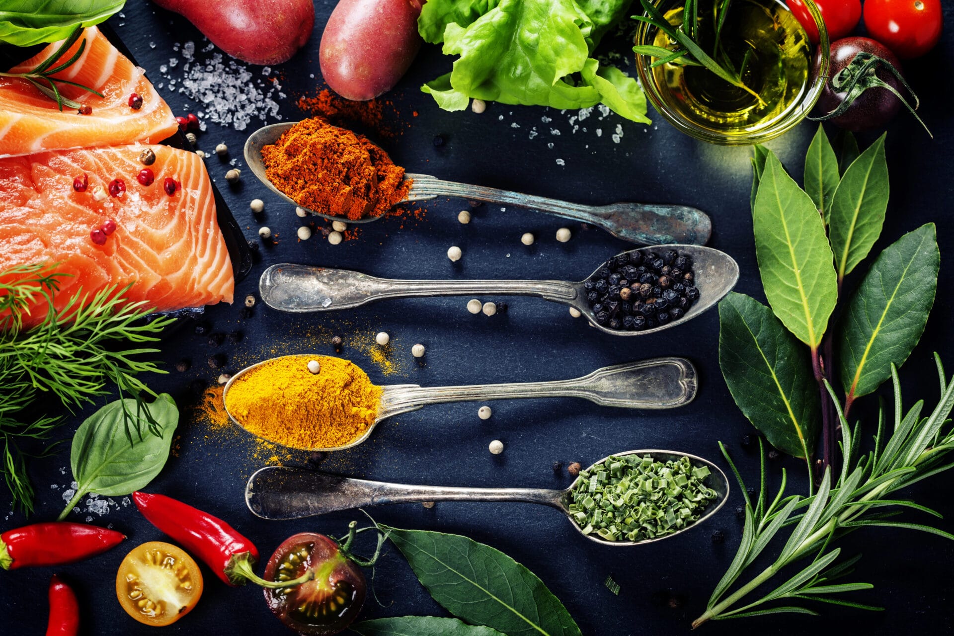 Different spices and cooking oils on the table