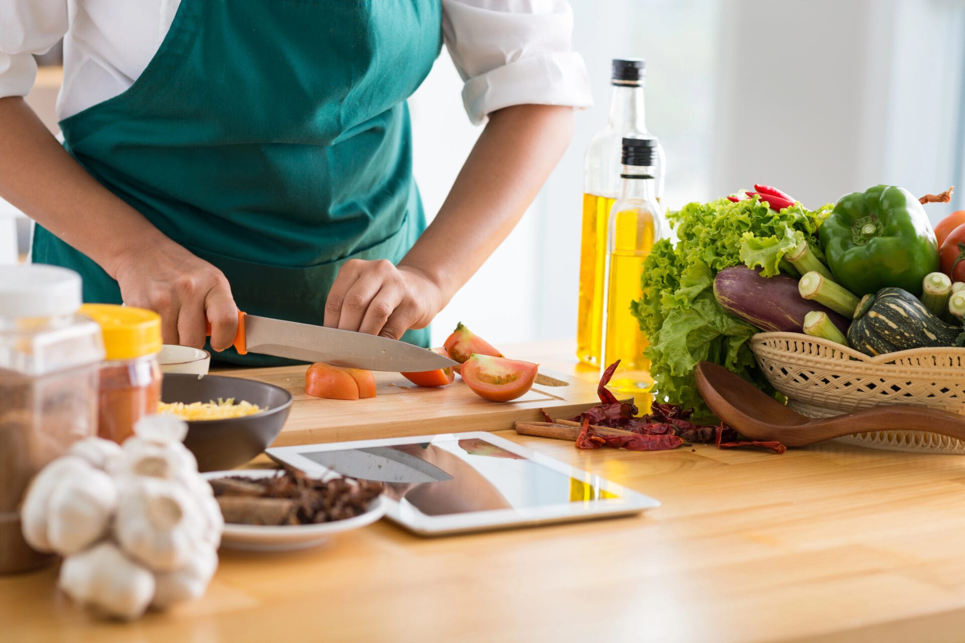 Woman cooking on the kitchen counter