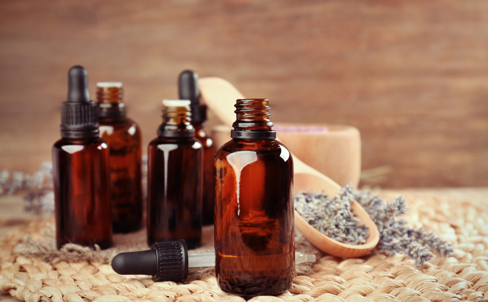 Essential oil bottles sitting on a table