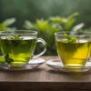 Two cups of green tea without PFAS "forever chemicals" on display on the table