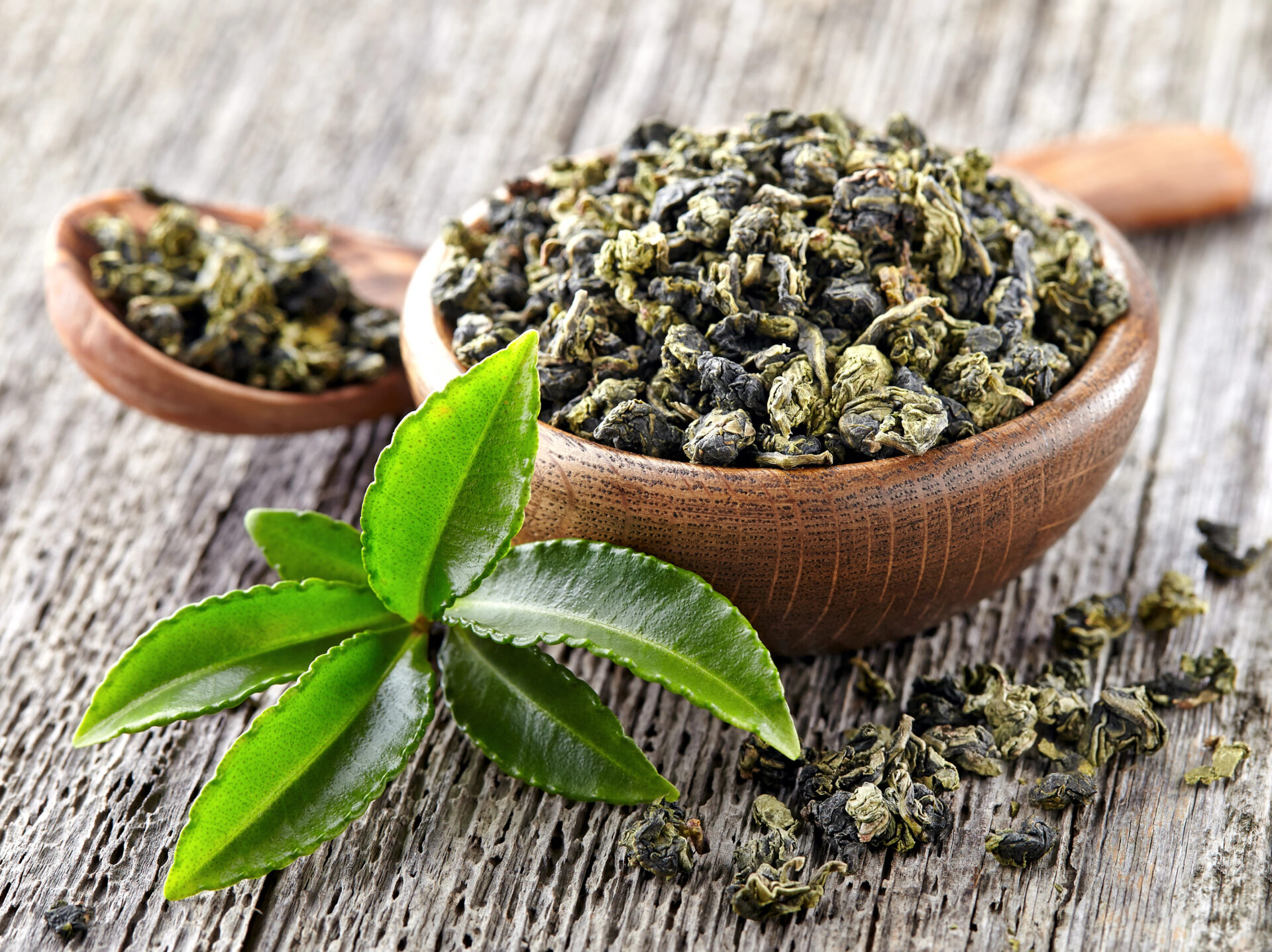 Green gun powder tea leaves in a wooden bowl