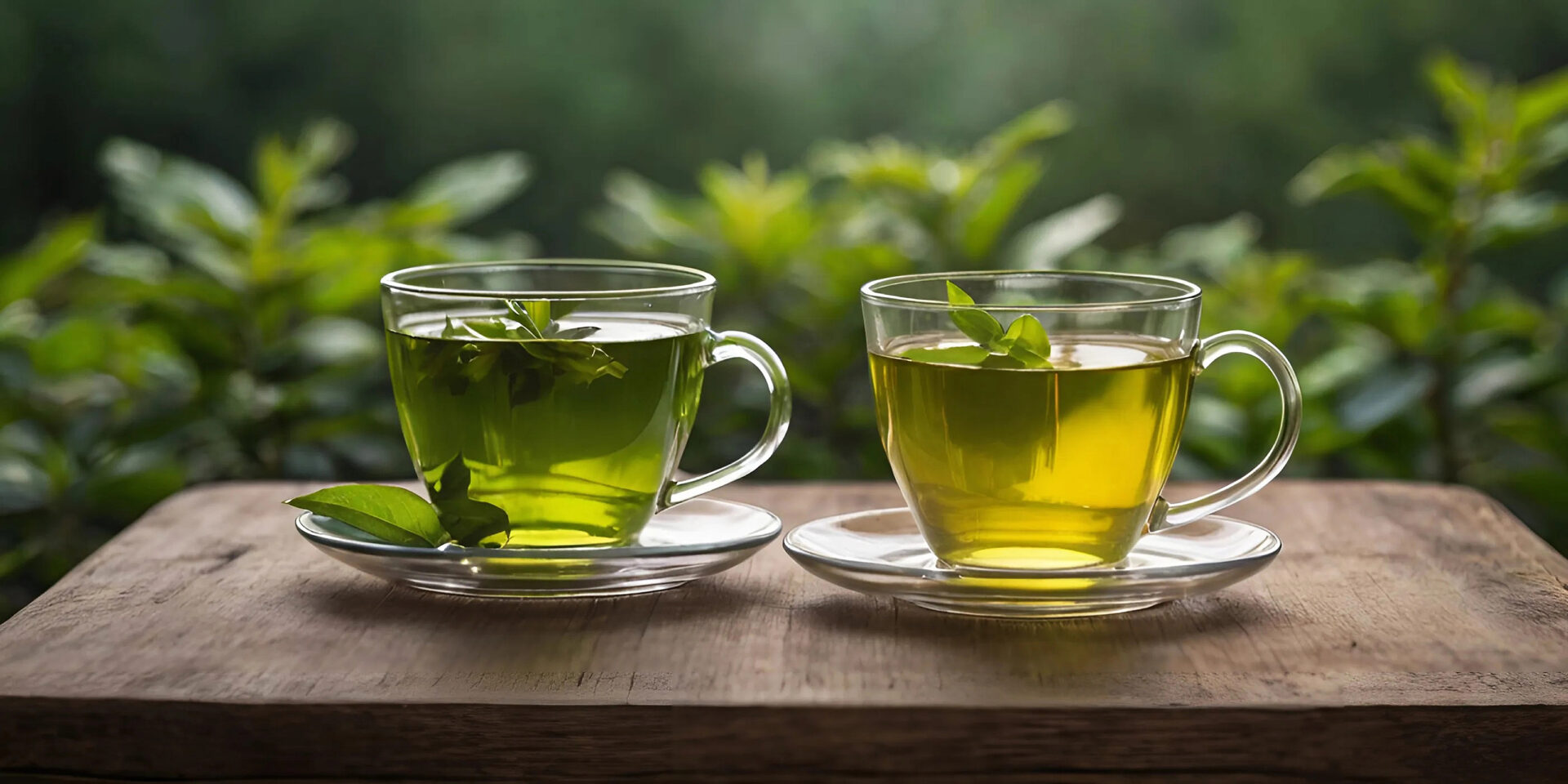 Two cups of green tea without PFAS "forever chemicals" on display on the table