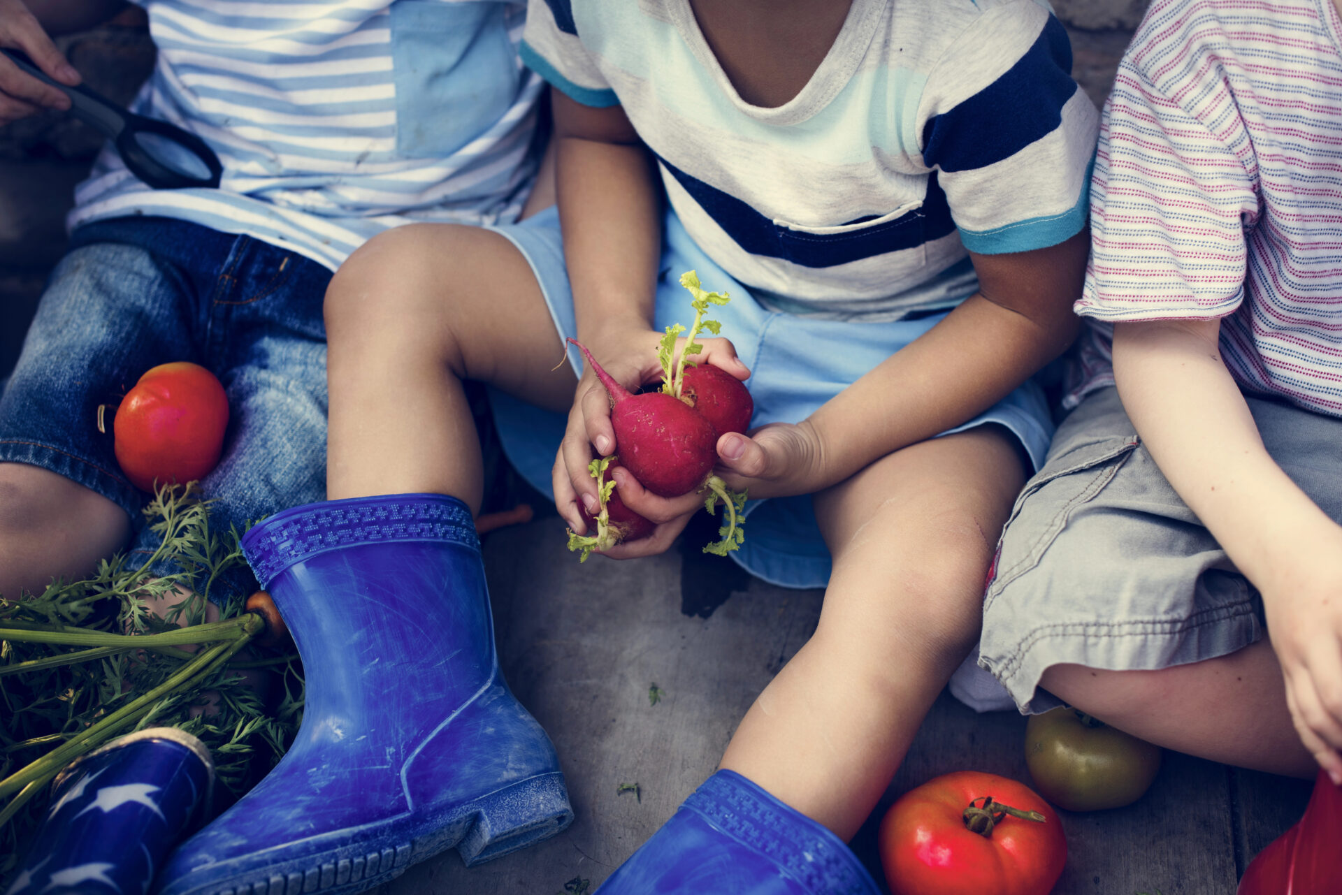 children's multivitamins tested for PFAS & pesticides with children sitting in front of fruit 