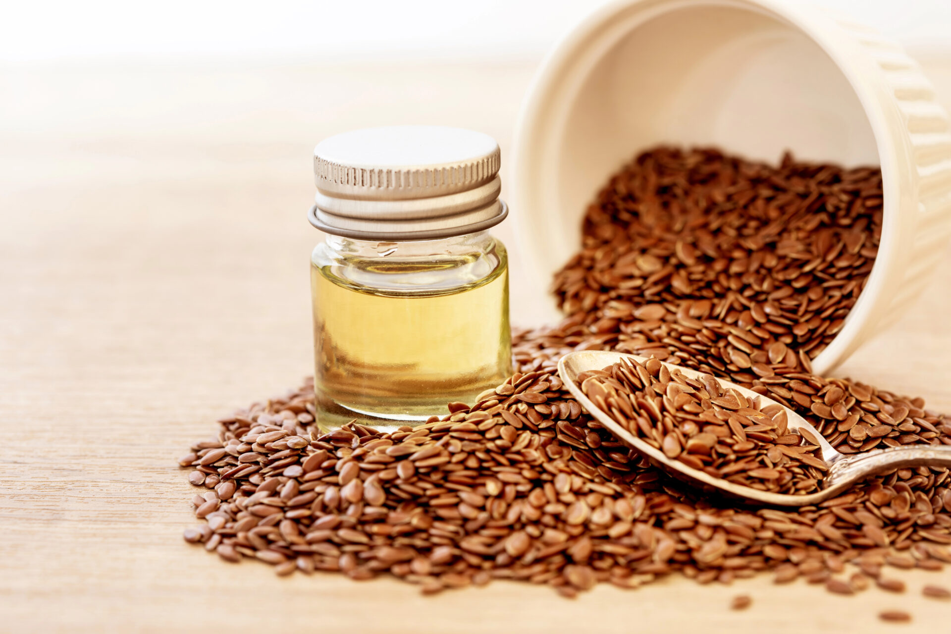 Flaxseed oil tested for phthalates sitting on a wooden table 