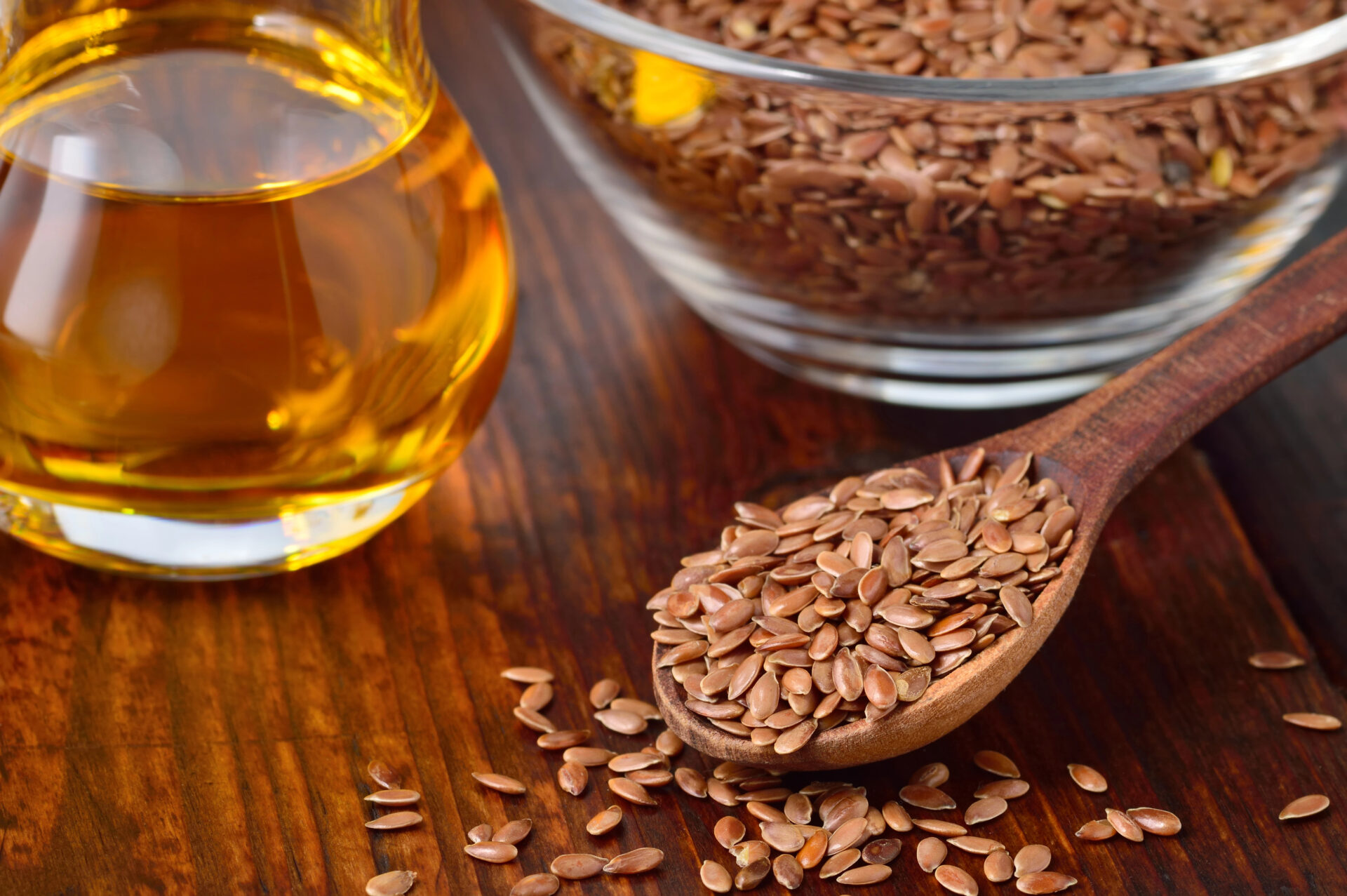 Flaxseed Oil sitting on a wooden table