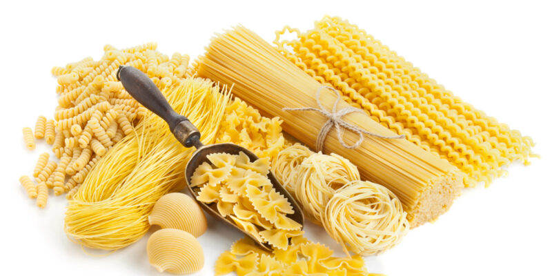 Dried Pasta types on a white table