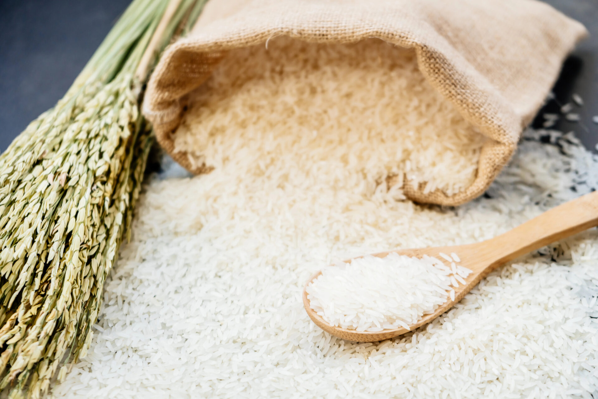 Jasmine rice in a burlap sack