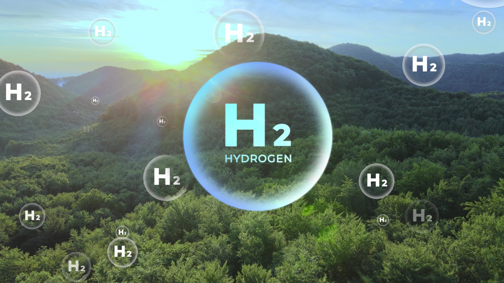 Hydrogen H2 Bubbles Over Dense Forest And Mountains At Sunrise
