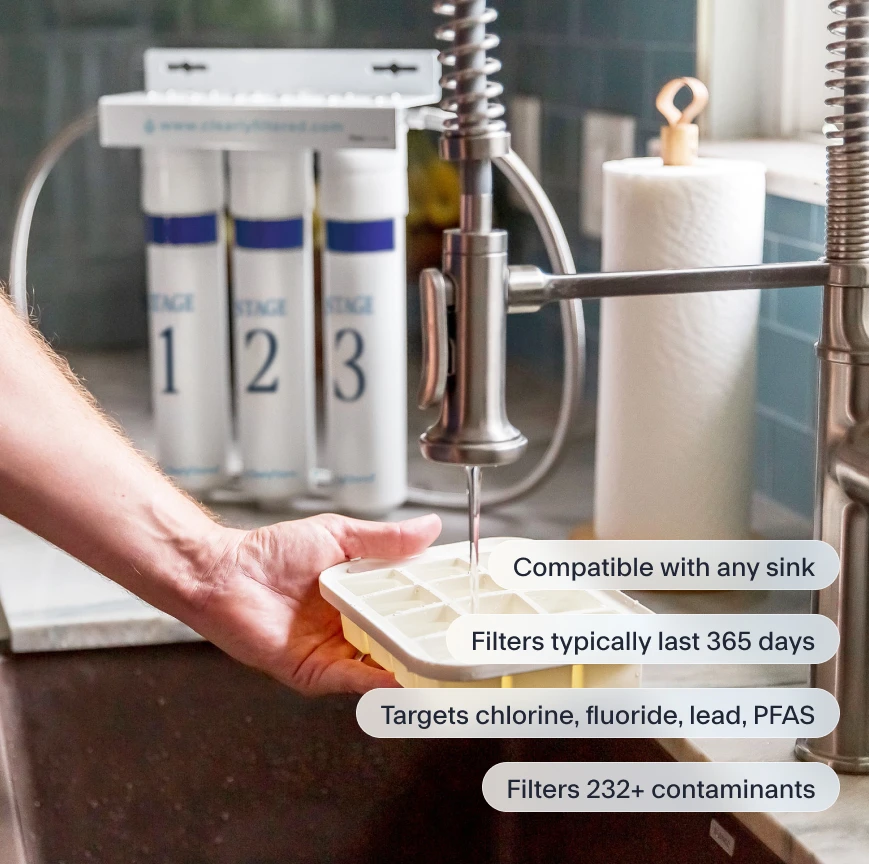 Clearly Filtered under the sink water filter with woman using sink