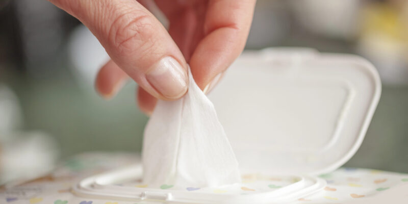 Hand picked a wet wipes in package box, Wet wipes in a woman's hand