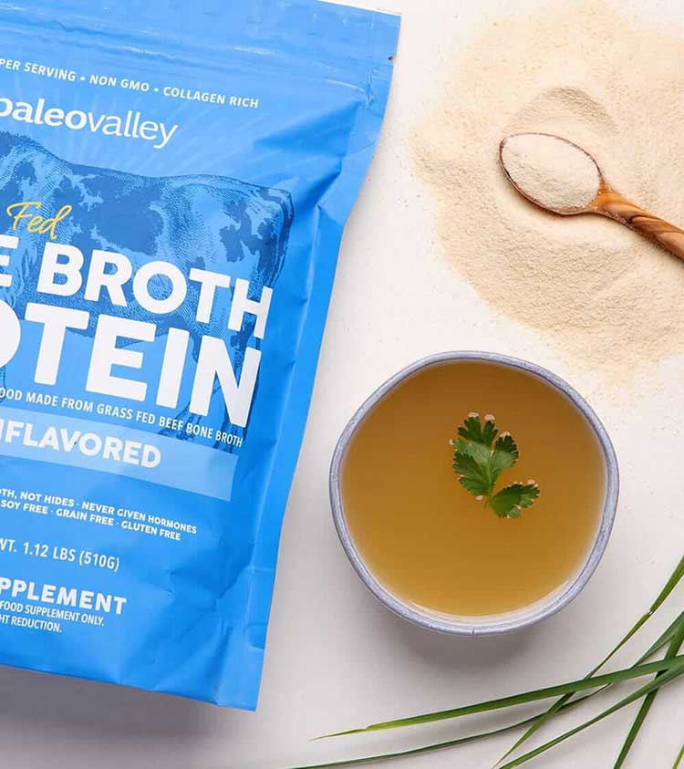 Paleovalley 100% Grassfed Bone Broth Protein Chocolate Flavor made from grass-fed beef bone broth.