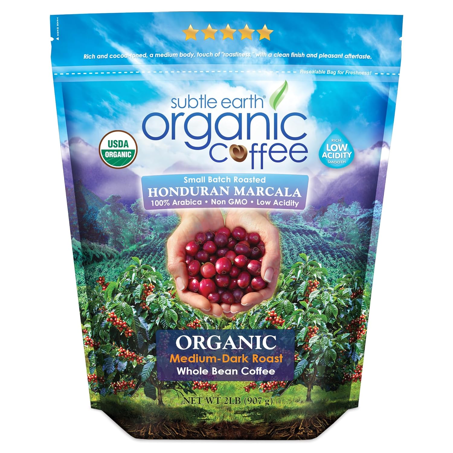 Subtle Earth Organic Coffee Honduran Marcala 100% arabica NonGMO Low Acidity Small Batch Roasted Medium Dark Roast Ground